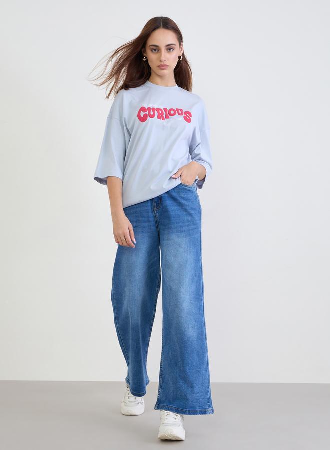 Styli Blue Slogan Print Oversized T-Shirt - Image 2