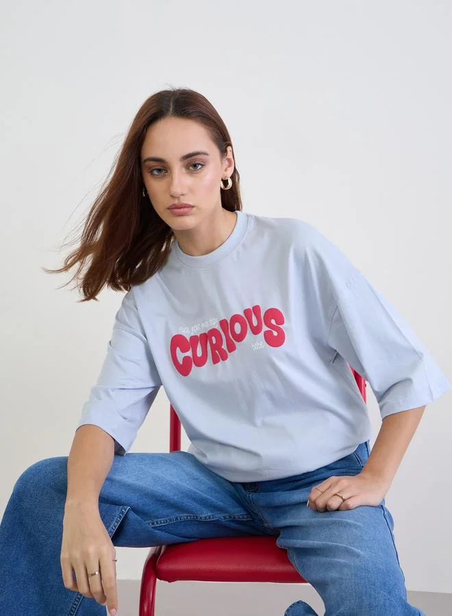 Styli Styli Blue Slogan Print Oversized T-Shirt