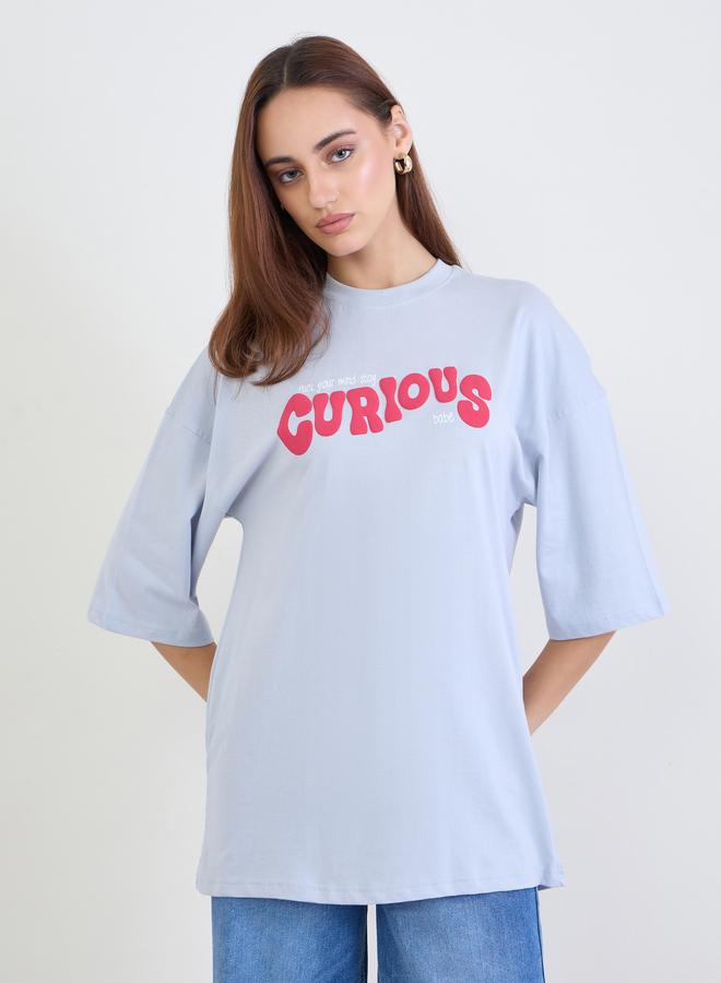 Styli Blue Slogan Print Oversized T-Shirt