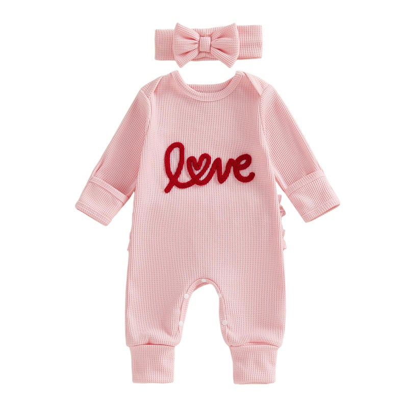 Amnnchya Newborn Baby Girl Valentines Outfit Cute Love Romper Waffle Long Sleeve Ruffle Jumpsuit Infant Girls Spring Clothes (Pink, 0-3 Months) - Image 1