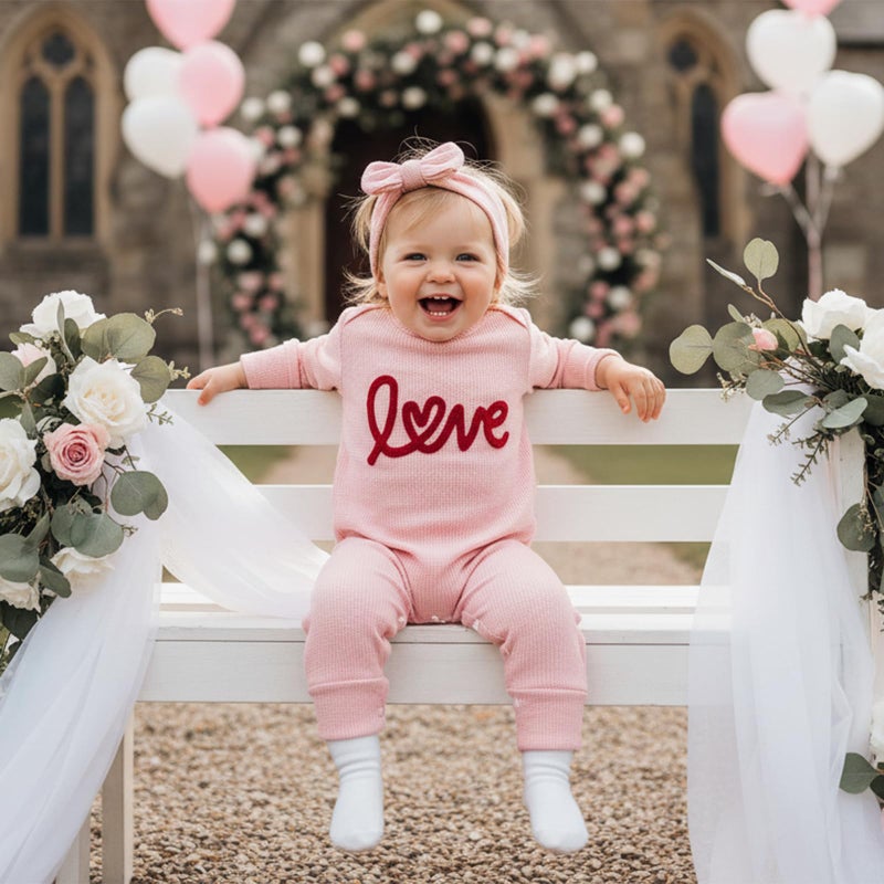 Amnnchya Newborn Baby Girl Valentines Outfit Cute Love Romper Waffle Long Sleeve Ruffle Jumpsuit Infant Girls Spring Clothes (Pink, 0-3 Months) - Image 5