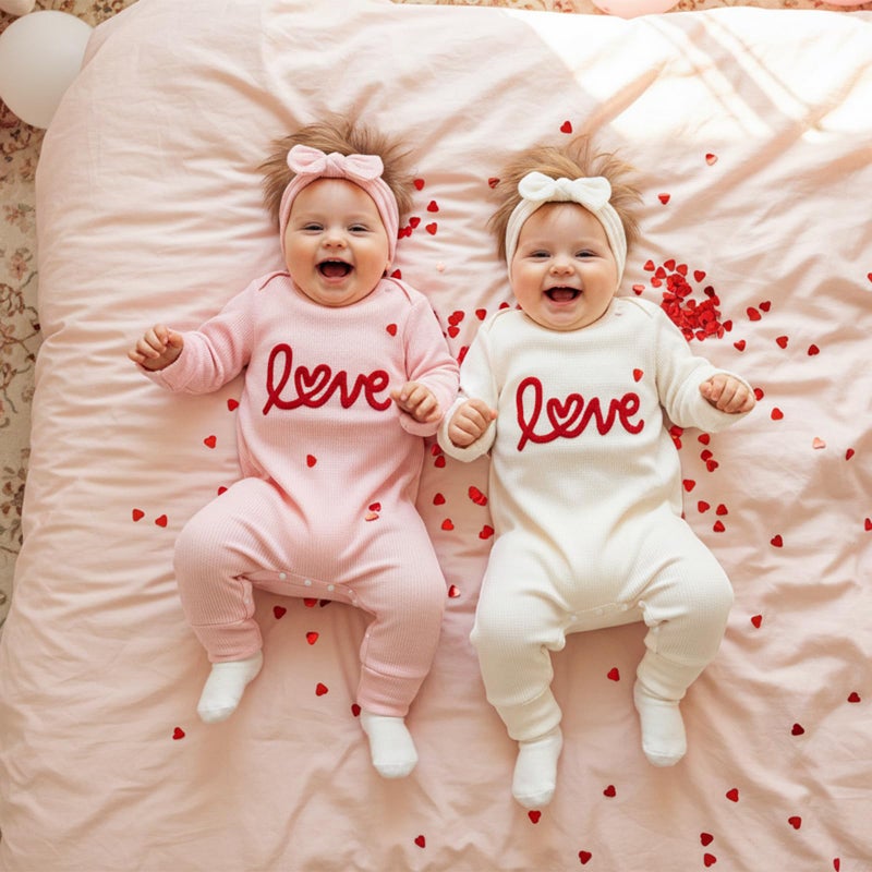 Amnnchya Newborn Baby Girl Valentines Outfit Cute Love Romper Waffle Long Sleeve Ruffle Jumpsuit Infant Girls Spring Clothes (Pink, 0-3 Months) - Image 2