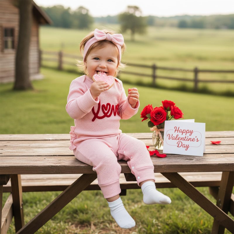 Amnnchya Newborn Baby Girl Valentines Outfit Cute Love Romper Waffle Long Sleeve Ruffle Jumpsuit Infant Girls Spring Clothes (Pink, 0-3 Months) - Image 4