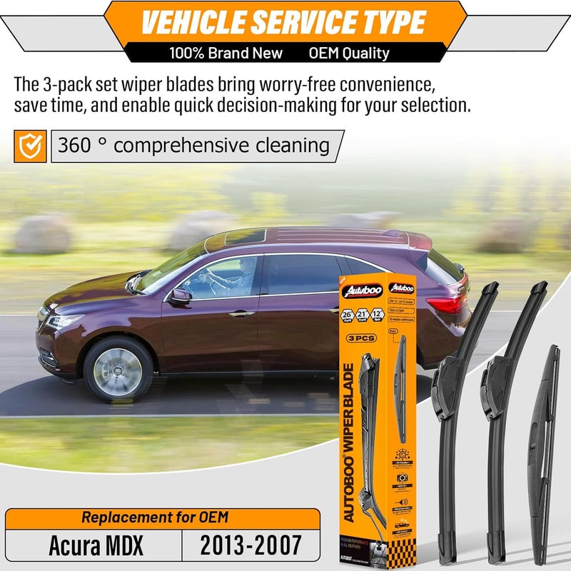 AUTOBOO 26"+21" Windshield Wipers with 12" Rear Wiper Blade Sets Replacement for Acura MDX 2007-2013 -Original Factory Quality (Pack of 3) - Image 2