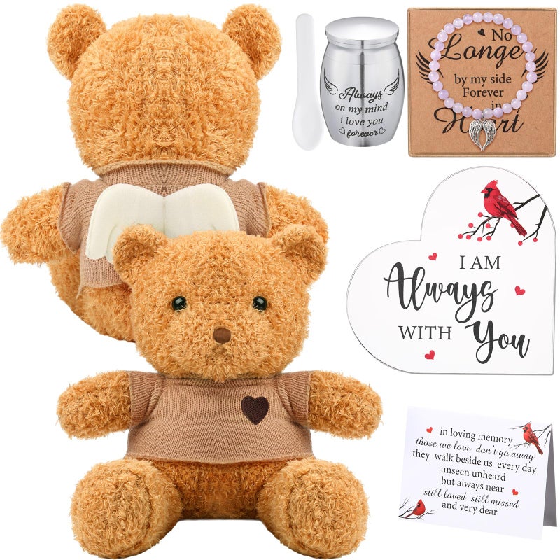 Kenning 5 Pcs Funeral Gift Set Cremation Stuffed Bear for Ashes with Spoon Tiny Urn Keepsake Acrylic Heart Shaped Memorial Plaque Decor Bracelet with Wings for Remember Loss of Loved One (Brown) - Image 1