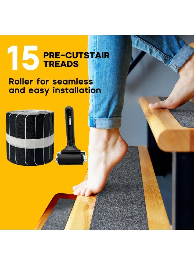 SANMUGEED 15Pack Non-Slip Stair Treads for Wooden Steps - 4" x 30" Pre-Cut Anti-Slip Strips with Roller - Adhesive Stair Safety Treads - Ideal for Kids, Elders, and Pets - Image 5
