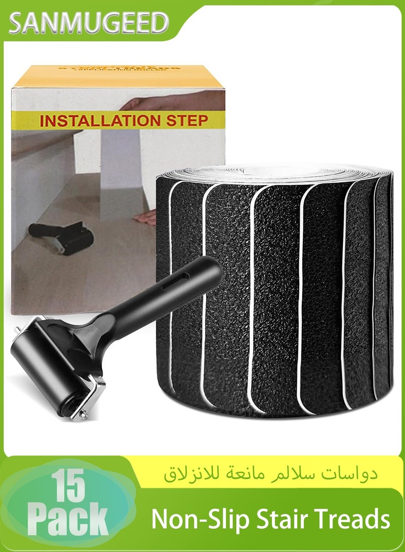 SANMUGEED 15Pack Non-Slip Stair Treads for Wooden Steps - 4" x 30" Pre-Cut Anti-Slip Strips with Roller - Adhesive Stair Safety Treads - Ideal for Kids, Elders, and Pets - Image 1