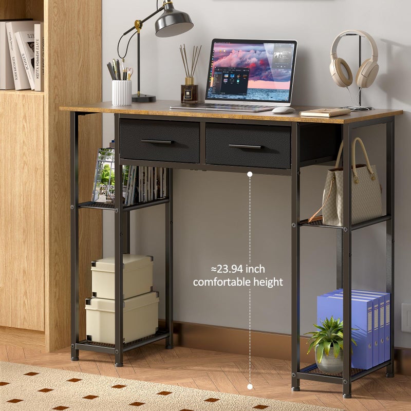 DAOUTIME Computer Desk with Drawers, 37.3 Inch Home Office Work Desk with Storage Shelf, Kids Teens Study Table for Small Space, Small Writing PC Table for Bedroom Makeup Vanity Desk, Brown - Image 2