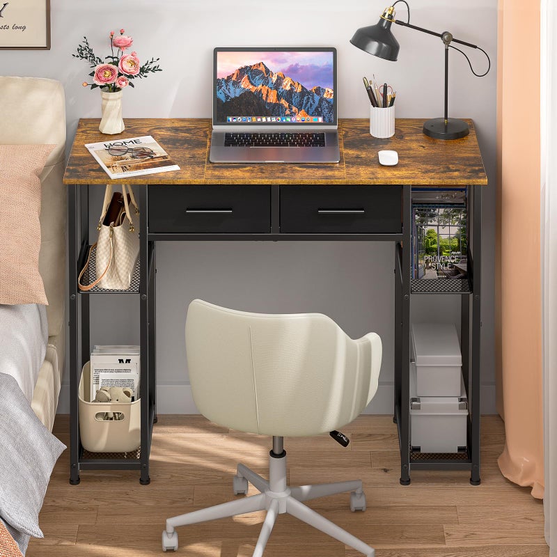 DAOUTIME Computer Desk with Drawers, 37.3 Inch Home Office Work Desk with Storage Shelf, Kids Teens Study Table for Small Space, Small Writing PC Table for Bedroom Makeup Vanity Desk, Brown - Image 1