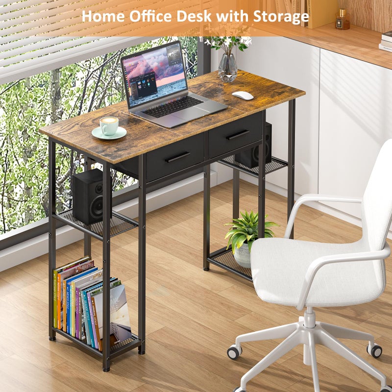 DAOUTIME Computer Desk with Drawers, 37.3 Inch Home Office Work Desk with Storage Shelf, Kids Teens Study Table for Small Space, Small Writing PC Table for Bedroom Makeup Vanity Desk, Brown - Image 4