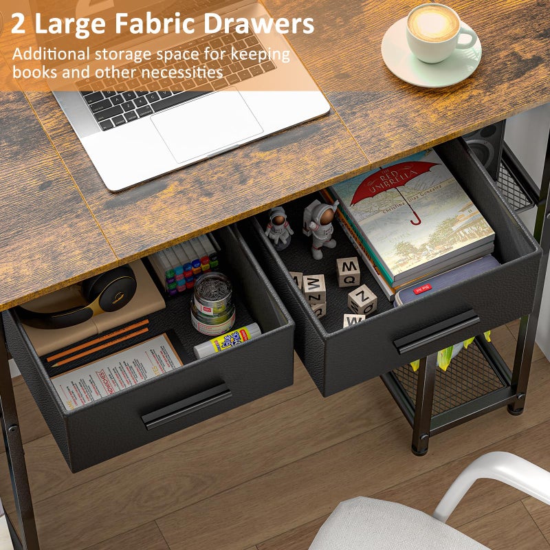 DAOUTIME Computer Desk with Drawers, 37.3 Inch Home Office Work Desk with Storage Shelf, Kids Teens Study Table for Small Space, Small Writing PC Table for Bedroom Makeup Vanity Desk, Brown - Image 5