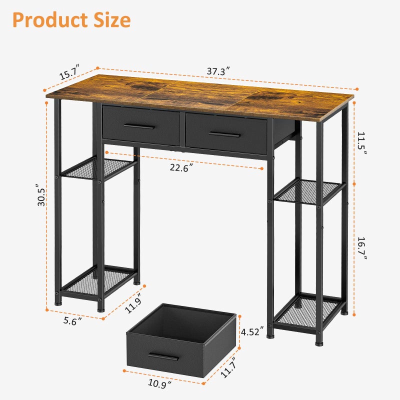 DAOUTIME Computer Desk with Drawers, 37.3 Inch Home Office Work Desk with Storage Shelf, Kids Teens Study Table for Small Space, Small Writing PC Table for Bedroom Makeup Vanity Desk, Brown - Image 3