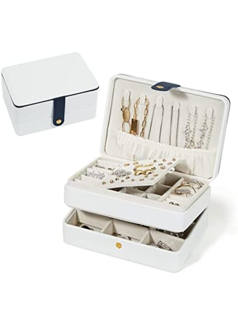 Luckam Travel Jewelry Organizer, Pu Leather Portable Jewelry Case for Women Girls, Small Double Layer Travel Jewelry Box for Stud Earrings, Rings, Necklaces, Bracelets, White - Image 1