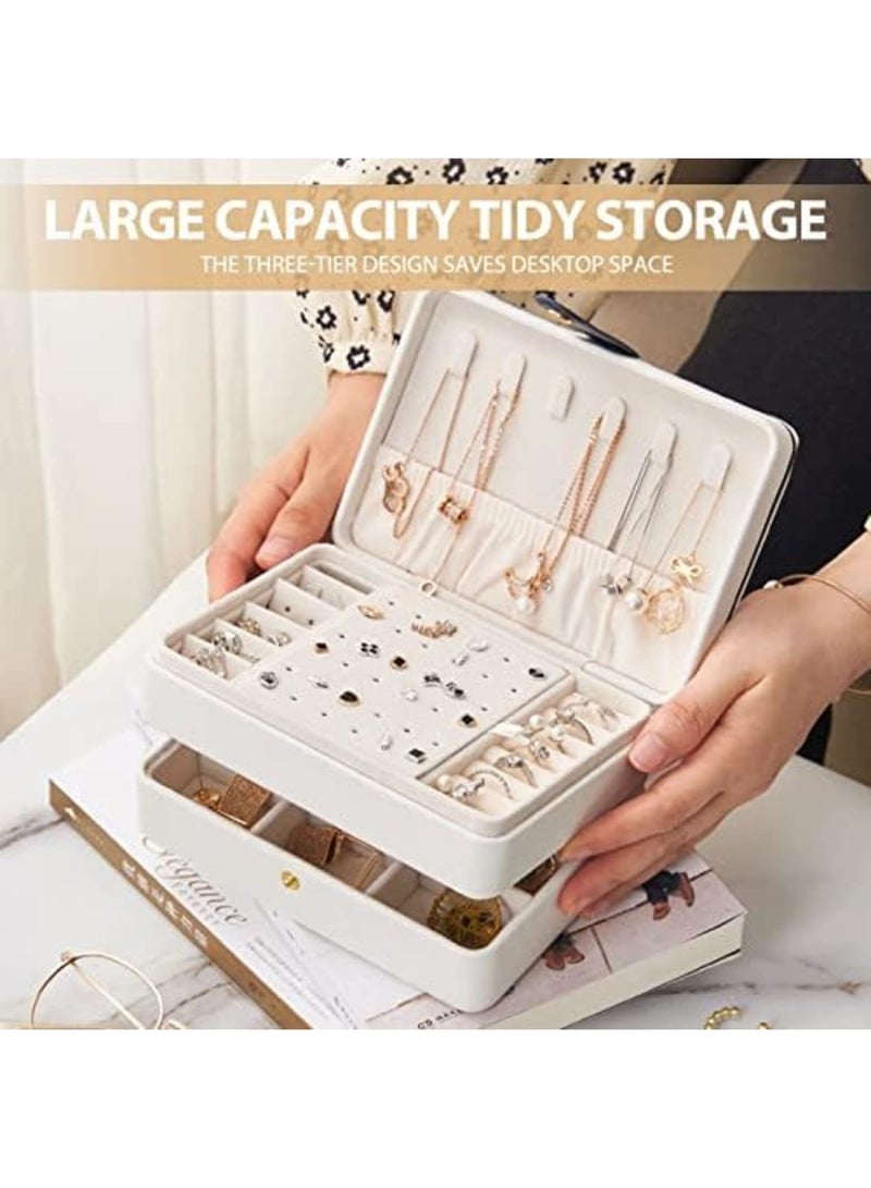 Luckam Travel Jewelry Organizer, Pu Leather Portable Jewelry Case for Women Girls, Small Double Layer Travel Jewelry Box for Stud Earrings, Rings, Necklaces, Bracelets, White - Image 3