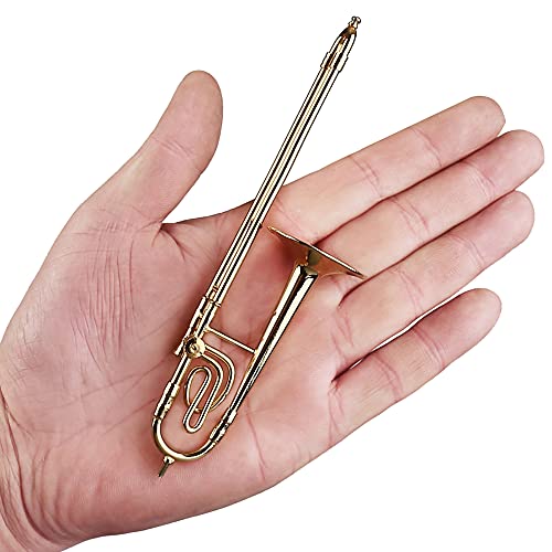 Dselvgvu Miniature Trombone with Stand and Case Brass Mini Musical Instrument Trombone Replica Collectible Figurines Dollhouse Accessories Model Home Decoration Display Ornament (5.91"x1.30") - Image 2