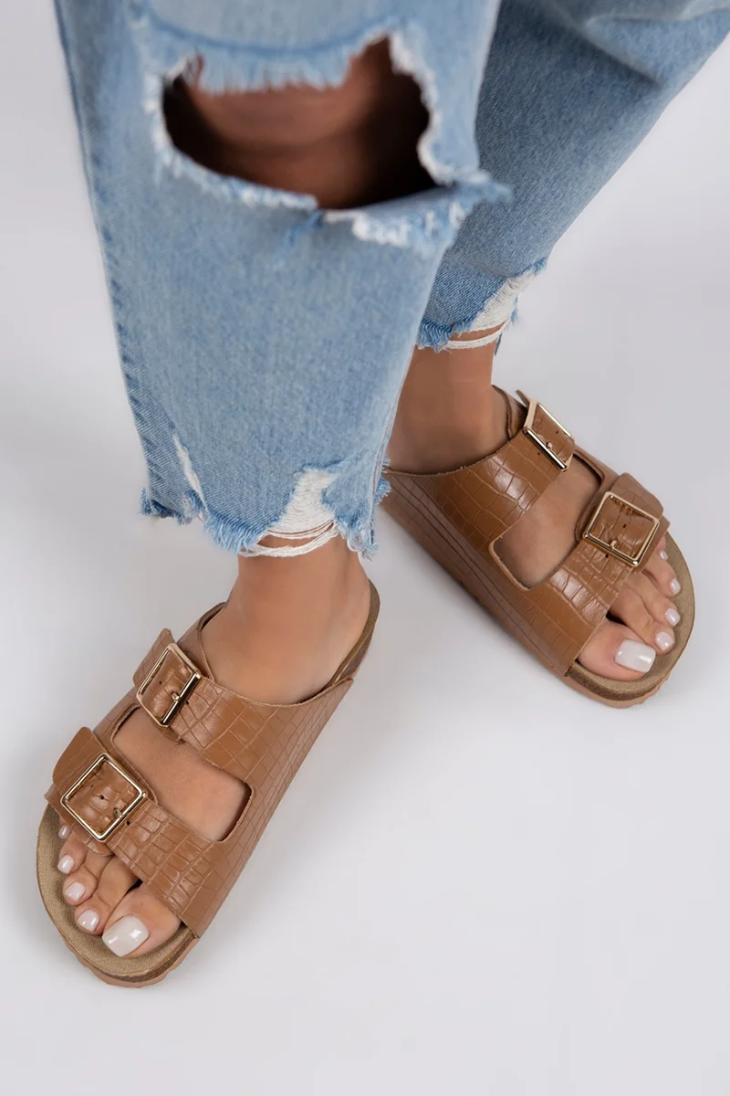 Manijero Manijero Croco Women's Genuine Leather Double Buckle Crocodile Tan Slippers
