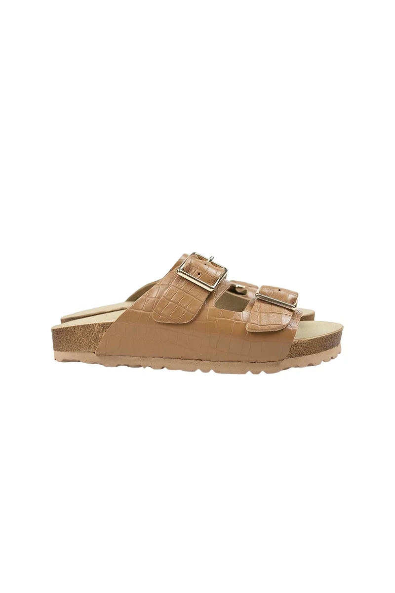 Manijero Manijero Croco Women's Genuine Leather Double Buckle Crocodile Tan Slippers