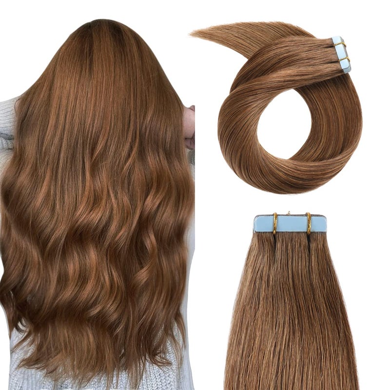 YILITE Tape in Hair Extensions Human Hair 16 inches 20pcs 40g Silky Straight Remy Tape in Hair Extensions 6 Chestnut Brown