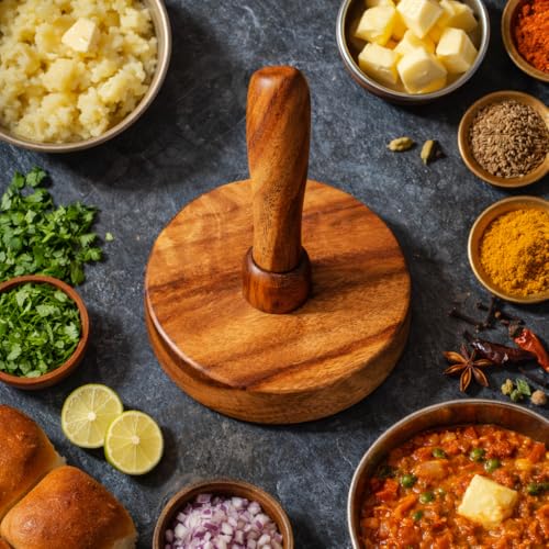Kundi Wooden Potato Masher & Roti Presser | Natural Sheesham Wood Pav Bhaji Masher for Vegetables, Paratha & Flatbreads | Multipurpose Kitchen Tool - Image 2