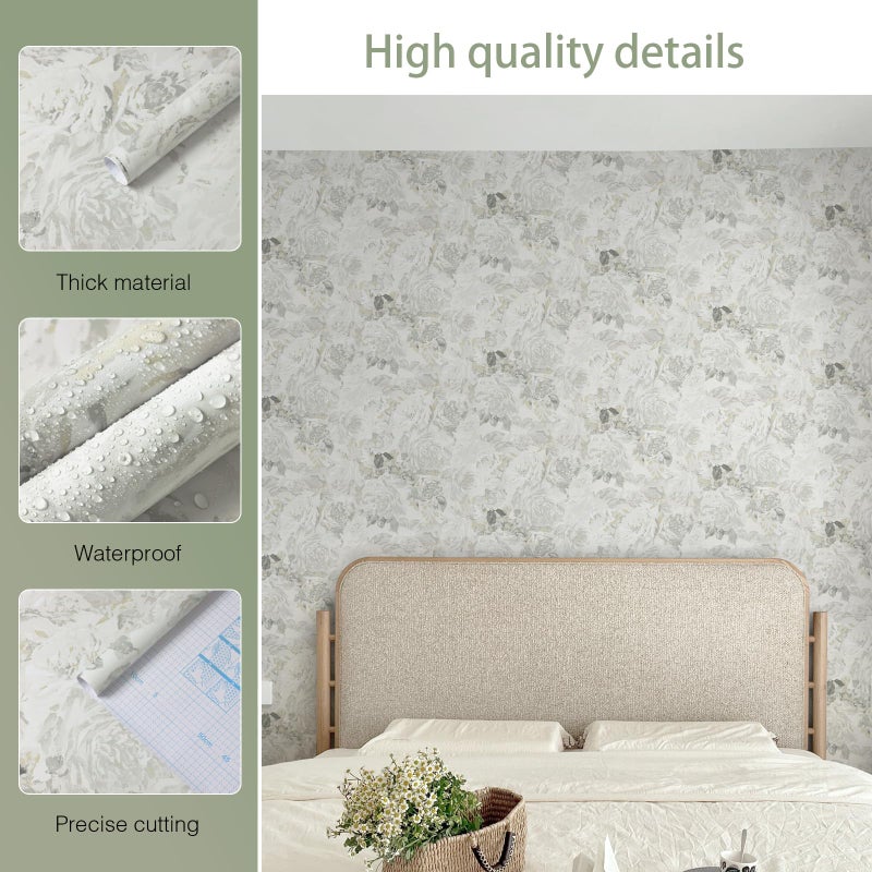 Dimoon 78.7"x17.3" Floral Peel and Stick Wallpaper Boho Beige Grey Contact Paper Flower Removable Wallpaper Renter Friendly Kitchen Wall Paper Shelf Liner Bathroom Self Adhesive Vintage Thicken Vinyl - Image 3