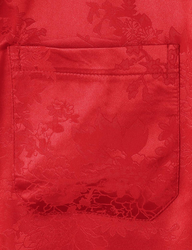 ZEROYAA Men's Shiny Luxury Silk Satin Floral Jacquard Short Sleeve Button Down Shirt for Party Prom ZZCL78-Flame Red Large - Image 4