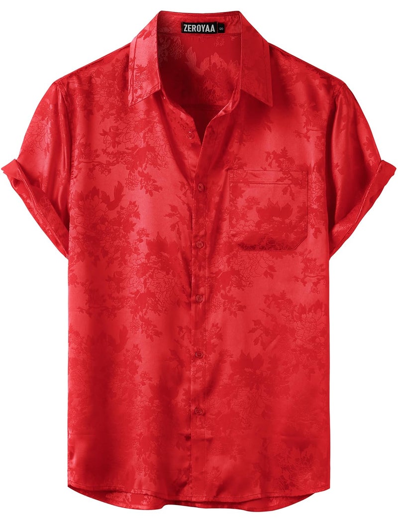 ZEROYAA Men's Shiny Luxury Silk Satin Floral Jacquard Short Sleeve Button Down Shirt for Party Prom ZZCL78-Flame Red Large - Image 1