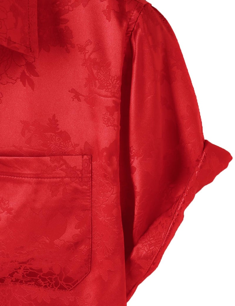 ZEROYAA Men's Shiny Luxury Silk Satin Floral Jacquard Short Sleeve Button Down Shirt for Party Prom ZZCL78-Flame Red Large - Image 2