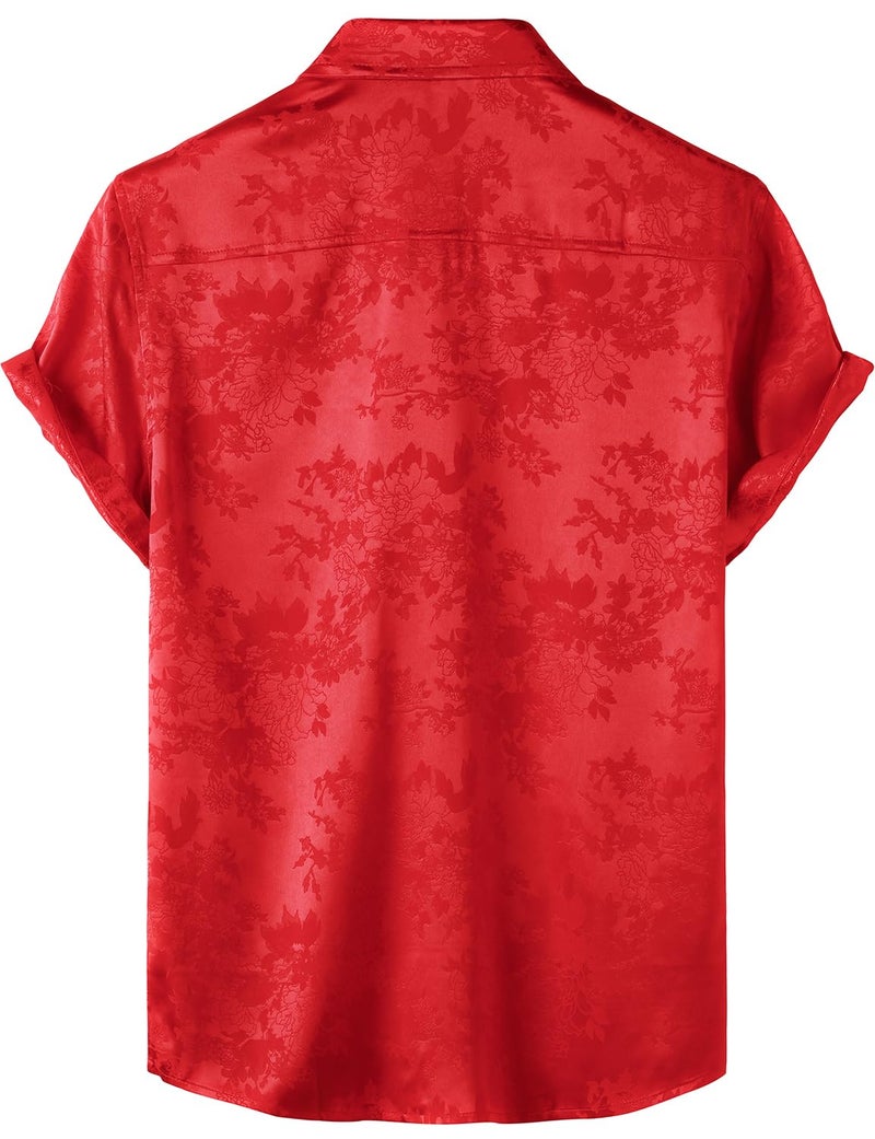 ZEROYAA Men's Shiny Luxury Silk Satin Floral Jacquard Short Sleeve Button Down Shirt for Party Prom ZZCL78-Flame Red Large - Image 3