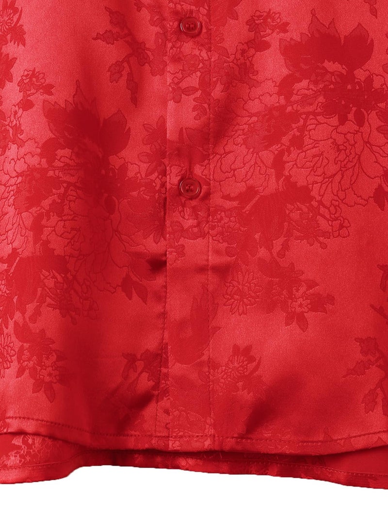 ZEROYAA Men's Shiny Luxury Silk Satin Floral Jacquard Short Sleeve Button Down Shirt for Party Prom ZZCL78-Flame Red Large - Image 5
