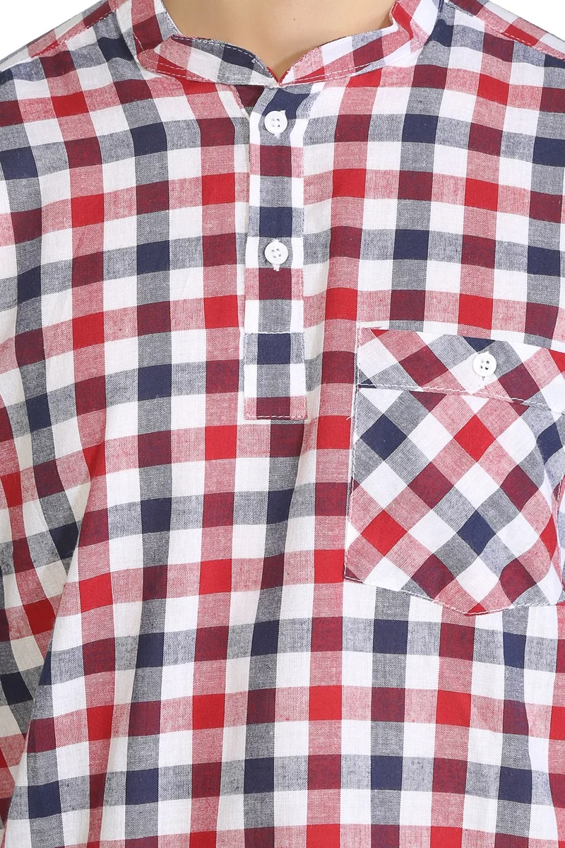 Eliş Şile Bezi Uzun Kol Şile Bezi Tek Cepli Hakim Yaka Erkek Tshirt Kırmızı Lacivert Kareli 3008