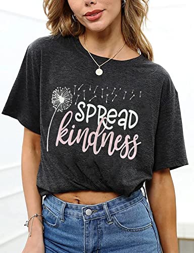 Bealatt Spread Kindness T Shirt for Women Summer Dandelion Graphic Tees Casual Funny Sayings Letter Printed Cute Shirts Tops-Dark Grey XXL - Image 3
