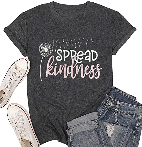 Bealatt Spread Kindness T Shirt for Women Summer Dandelion Graphic Tees Casual Funny Sayings Letter Printed Cute Shirts Tops-Dark Grey XXL - Image 5