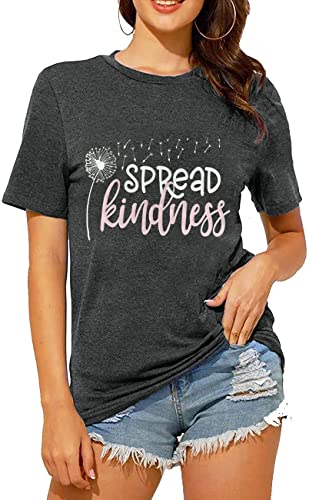 Bealatt Spread Kindness T Shirt for Women Summer Dandelion Graphic Tees Casual Funny Sayings Letter Printed Cute Shirts Tops-Dark Grey XXL - Image 2