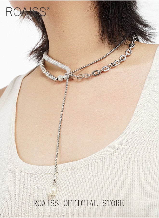 roaiss - Women Asymmetrical Pearl Necklace Personalized Design with Pearl and Chain Elements Collarbone Necklace Versatile and Suitable for Work and School also Pairing with Sweaters - Image 1