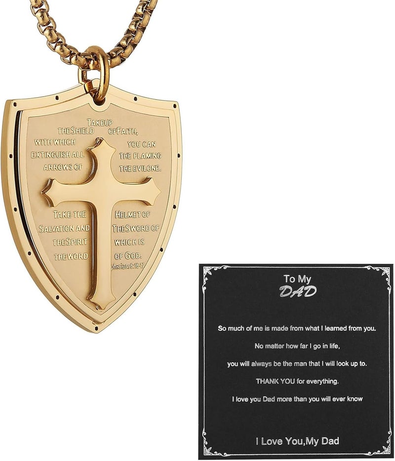 HZMAN Shield Armor of God Ephesians 6:16-17, Faith Cross Stainless Steel Pendant Necklace - Image 1