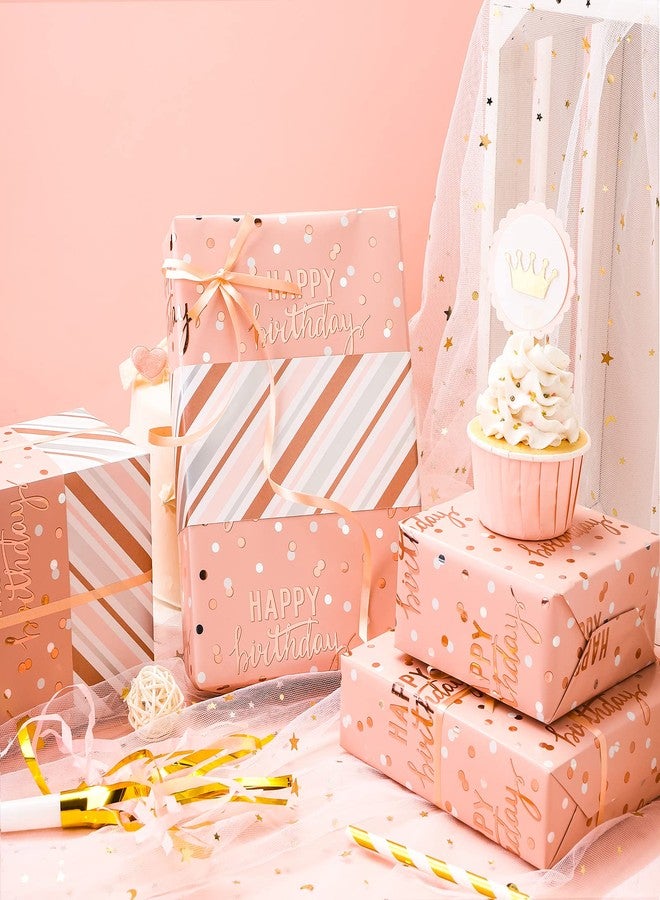 LeZakaa Reversible Pink Birthday Wrapping Paper Roll for Girls Women, Happy Birthday Lettering & Stripe Pattern with Metallic Foil in Pink, Mini Roll, 17 inches x 9.8 Feet - Image 2