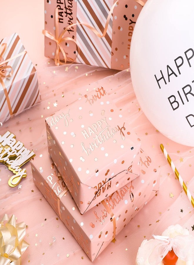 LeZakaa Reversible Pink Birthday Wrapping Paper Roll for Girls Women, Happy Birthday Lettering & Stripe Pattern with Metallic Foil in Pink, Mini Roll, 17 inches x 9.8 Feet - Image 5