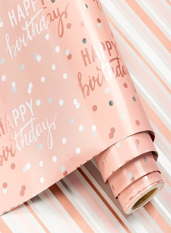 LeZakaa Reversible Pink Birthday Wrapping Paper Roll for Girls Women, Happy Birthday Lettering & Stripe Pattern with Metallic Foil in Pink, Mini Roll, 17 inches x 9.8 Feet - Image 1