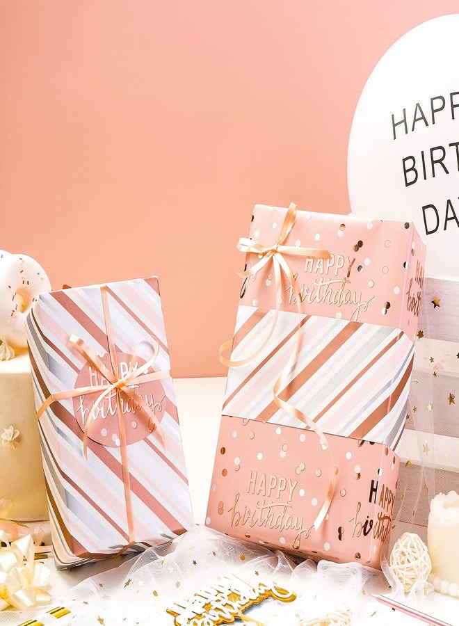 LeZakaa Reversible Pink Birthday Wrapping Paper Roll for Girls Women, Happy Birthday Lettering & Stripe Pattern with Metallic Foil in Pink, Mini Roll, 17 inches x 9.8 Feet - Image 4