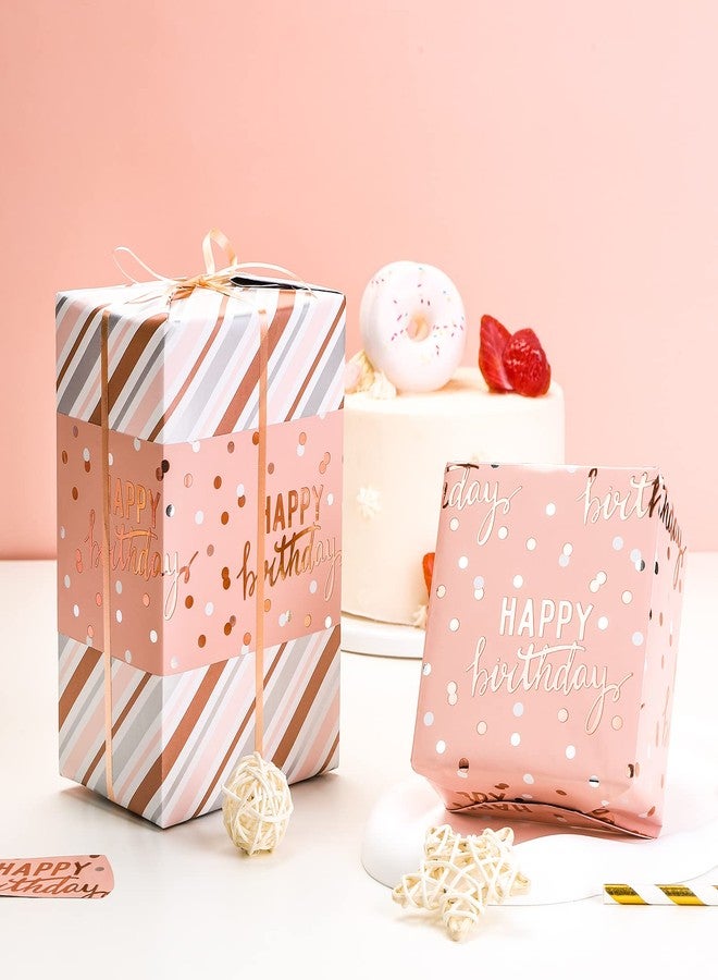 LeZakaa Reversible Pink Birthday Wrapping Paper Roll for Girls Women, Happy Birthday Lettering & Stripe Pattern with Metallic Foil in Pink, Mini Roll, 17 inches x 9.8 Feet - Image 3