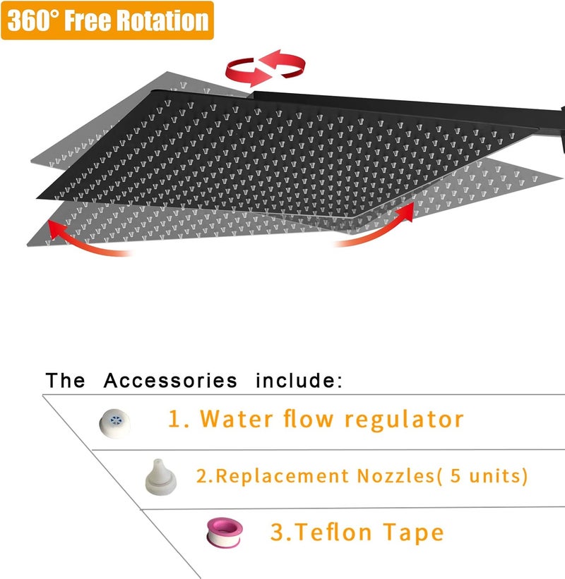 BESy 16 Inch Rain Shower Head, 16" Square Rainfall & High Pressure Stainless Steel Bath Showerhead, 1/16" Ultra Thin, Waterfall Full Body Coverage with Silicone Nozzle, Matte Black Finish - Image 2