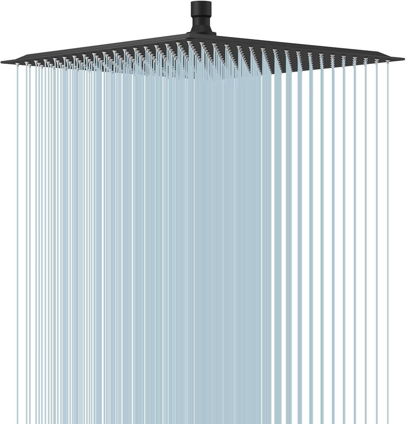 BESy 16 Inch Rain Shower Head, 16" Square Rainfall & High Pressure Stainless Steel Bath Showerhead, 1/16" Ultra Thin, Waterfall Full Body Coverage with Silicone Nozzle, Matte Black Finish - Image 1