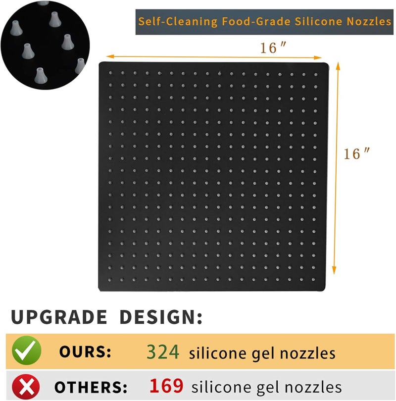 BESy 16 Inch Rain Shower Head, 16" Square Rainfall & High Pressure Stainless Steel Bath Showerhead, 1/16" Ultra Thin, Waterfall Full Body Coverage with Silicone Nozzle, Matte Black Finish - Image 4
