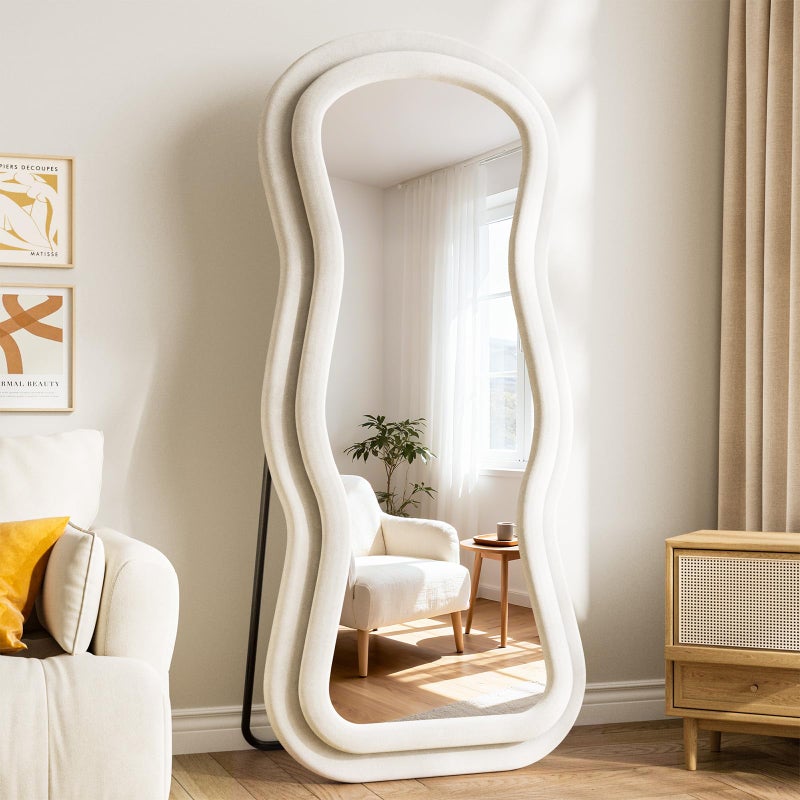 FlyEcho Wavy Full Length Mirror, 63"x24" Full Body Mirrors with Stand, Flannel Floor Mirrors for Bedroom, Living Room, Dressing Room, Hanging Leaning Wall Mirror - Image 1