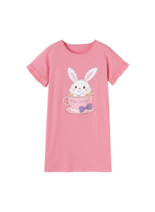 Top melon Dingguagua Girls' Nightgown, Summer Short-sleeve Thin Style, Children's Pajamas, Girls' Pure Cotton, Baby And Mother-daughter Matching Sleepwear, Deep Pink, Size 170 - Image 2