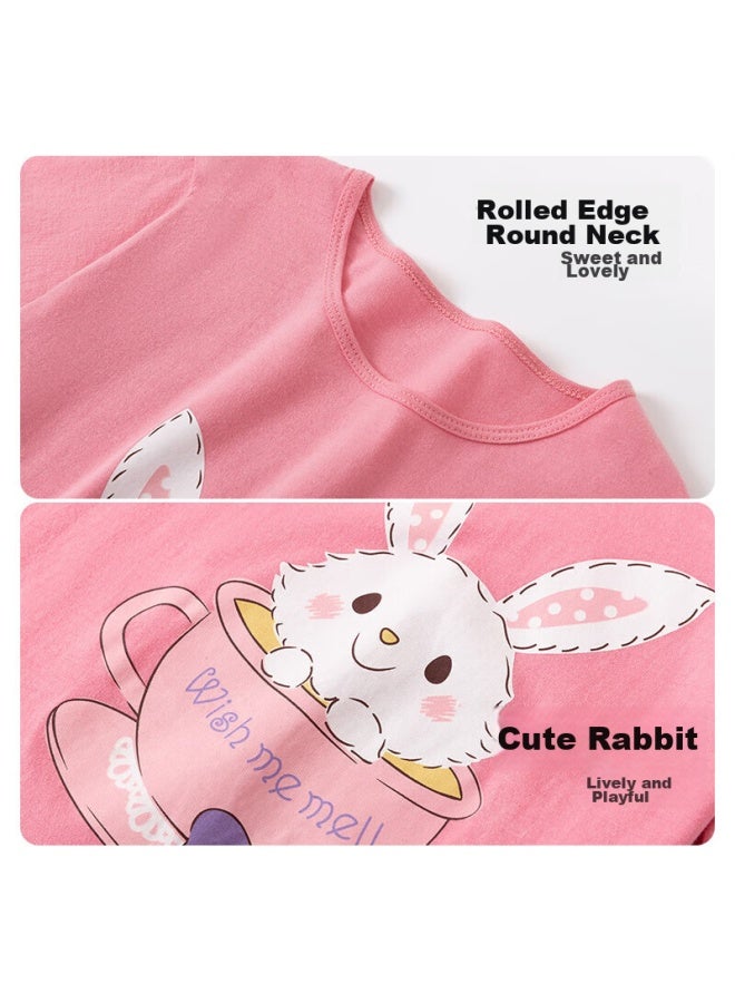 Top melon Dingguagua Girls' Nightgown, Summer Short-sleeve Thin Style, Children's Pajamas, Girls' Pure Cotton, Baby And Mother-daughter Matching Sleepwear, Deep Pink, Size 170 - Image 1