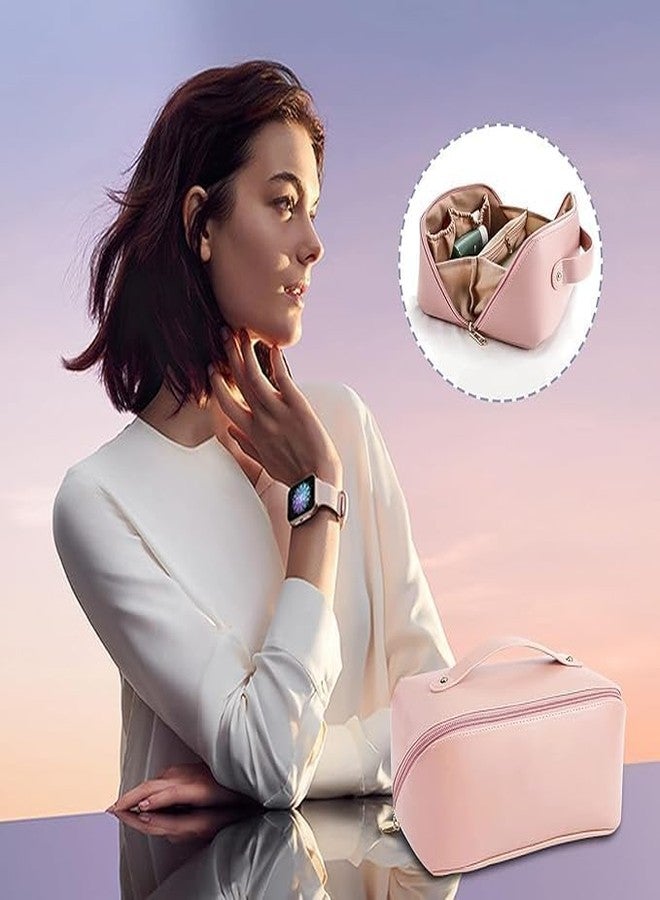 فوركلز حقيبة مستحضرات تجميل FORKLS للنساء - حقيبة سفر محمولة للمكياج بمقبض | منظم مستحضرات تجميل من الجلد الصناعي | حقيبة تخزين مكياج | مثالية للمجوهرات وأدوات النظافة (وردي) - Image 3