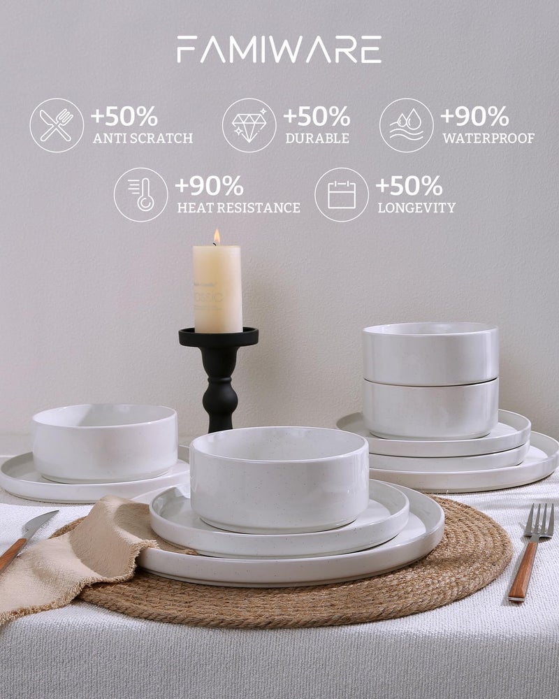 Famiware Nebula Plates and Bowls Set, 12 Pieces Dinnerware Sets, Dishes Set for 4, White - Image 4