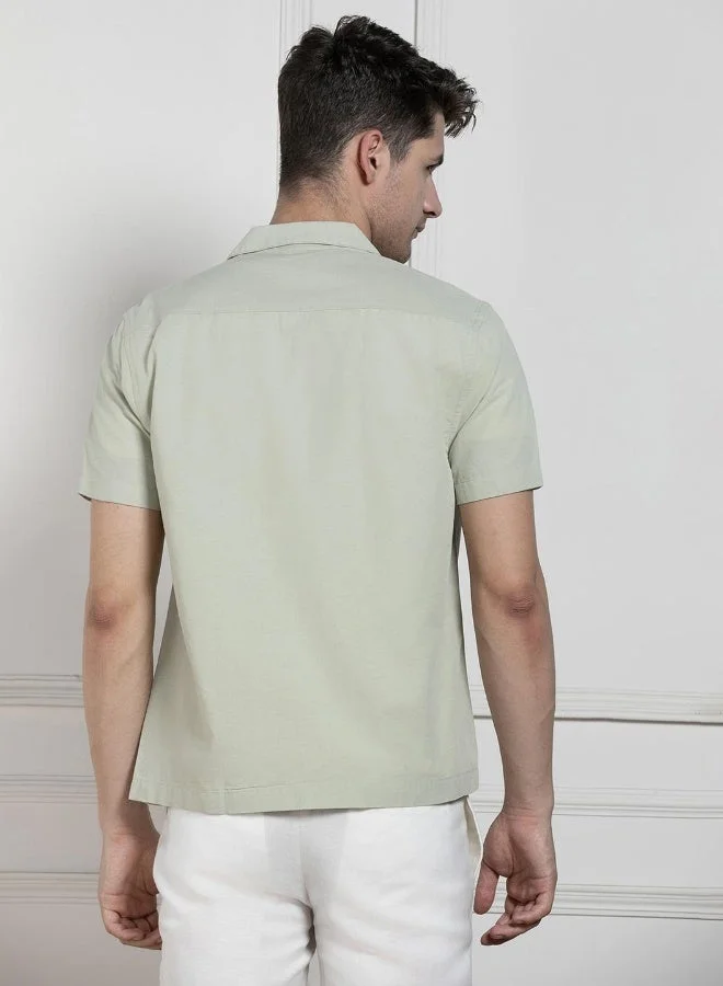 Dennis Lingo Relaxed Fit Pista Green Solid Cotton Jute Shirt Cuban Collar