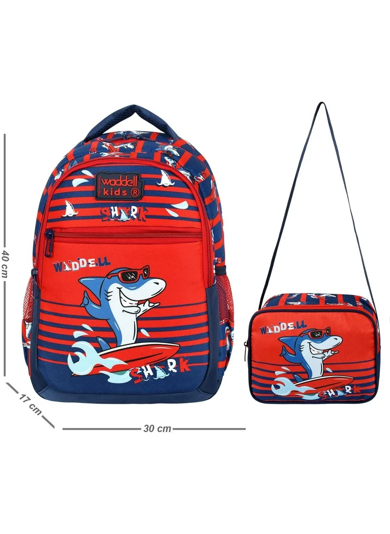 واديل Licensed Navy Blue Red Shark Patterned Boys Primary School Backpack and Lunch Bag